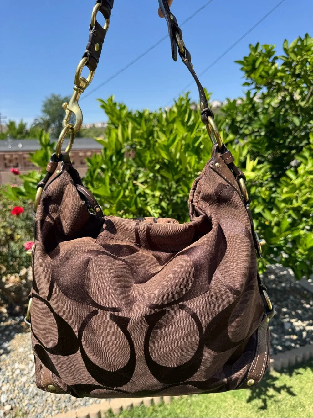 Coach Y2K Vintage Signature Carly Canvas Large Brown Hobo Shoulder Purse #10620